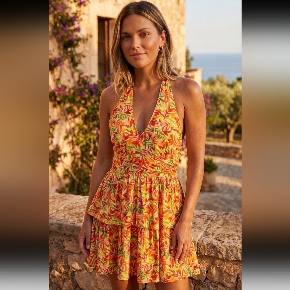 I.N. San Francisco Backless Halter SunDress Tropical Women's Sz Med & Large NWT